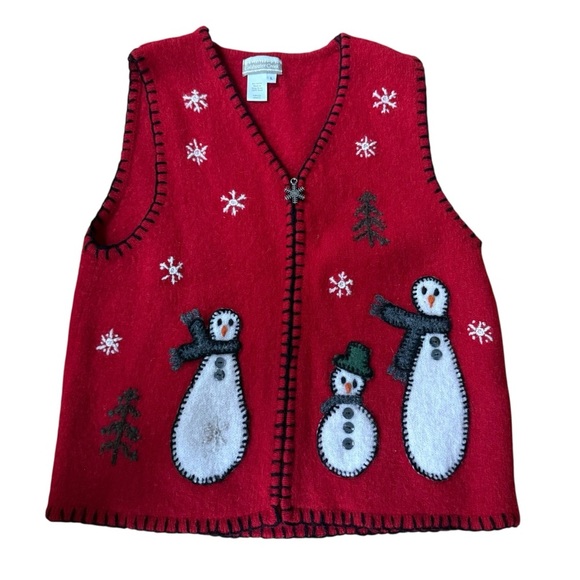 Coldwater Creek 100% WoolZip Christmas Snowman Sweater Women Size Large Red - Picture 1 of 9